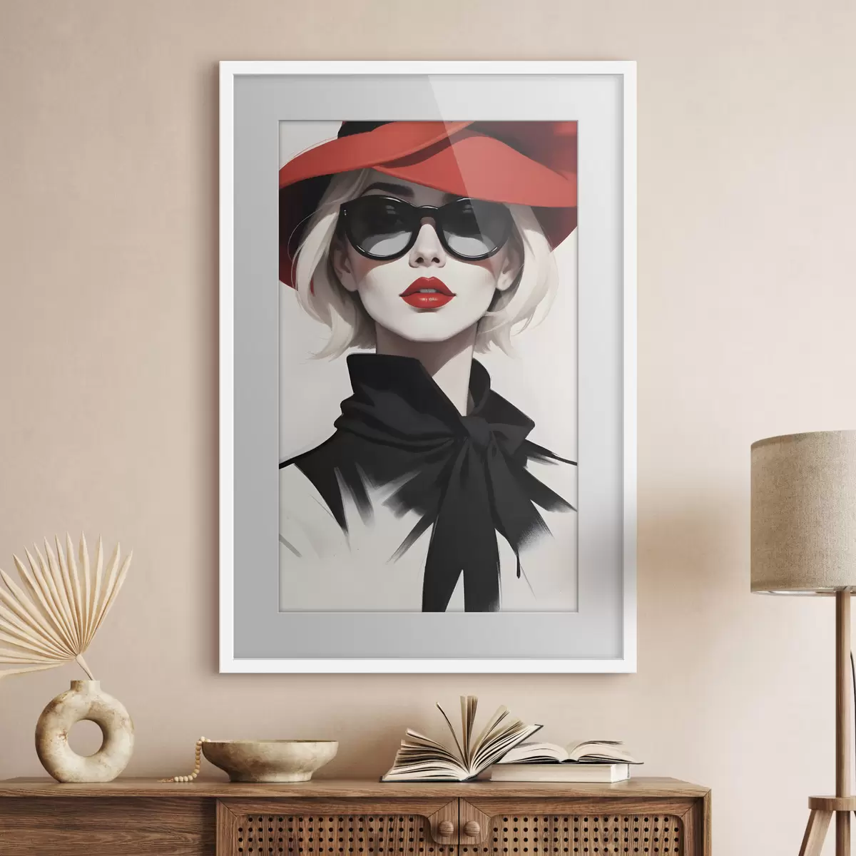 Poster Una donna che indossa un cappello rosso e occhiali da sole f38365