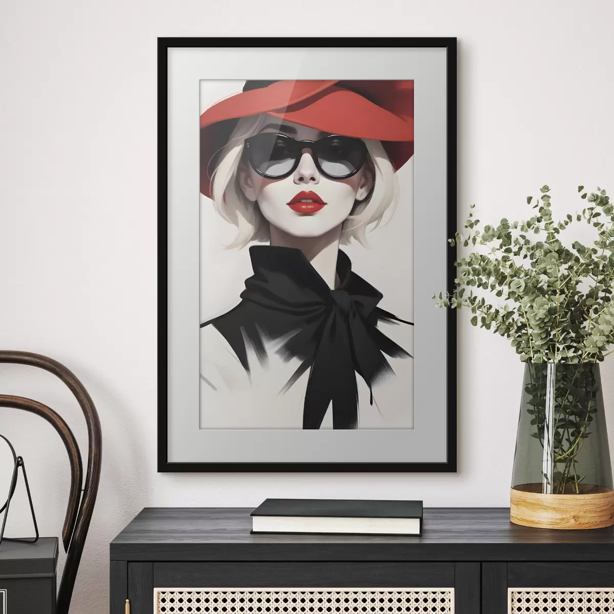 Poster Una donna che indossa un cappello rosso e occhiali da sole f38365