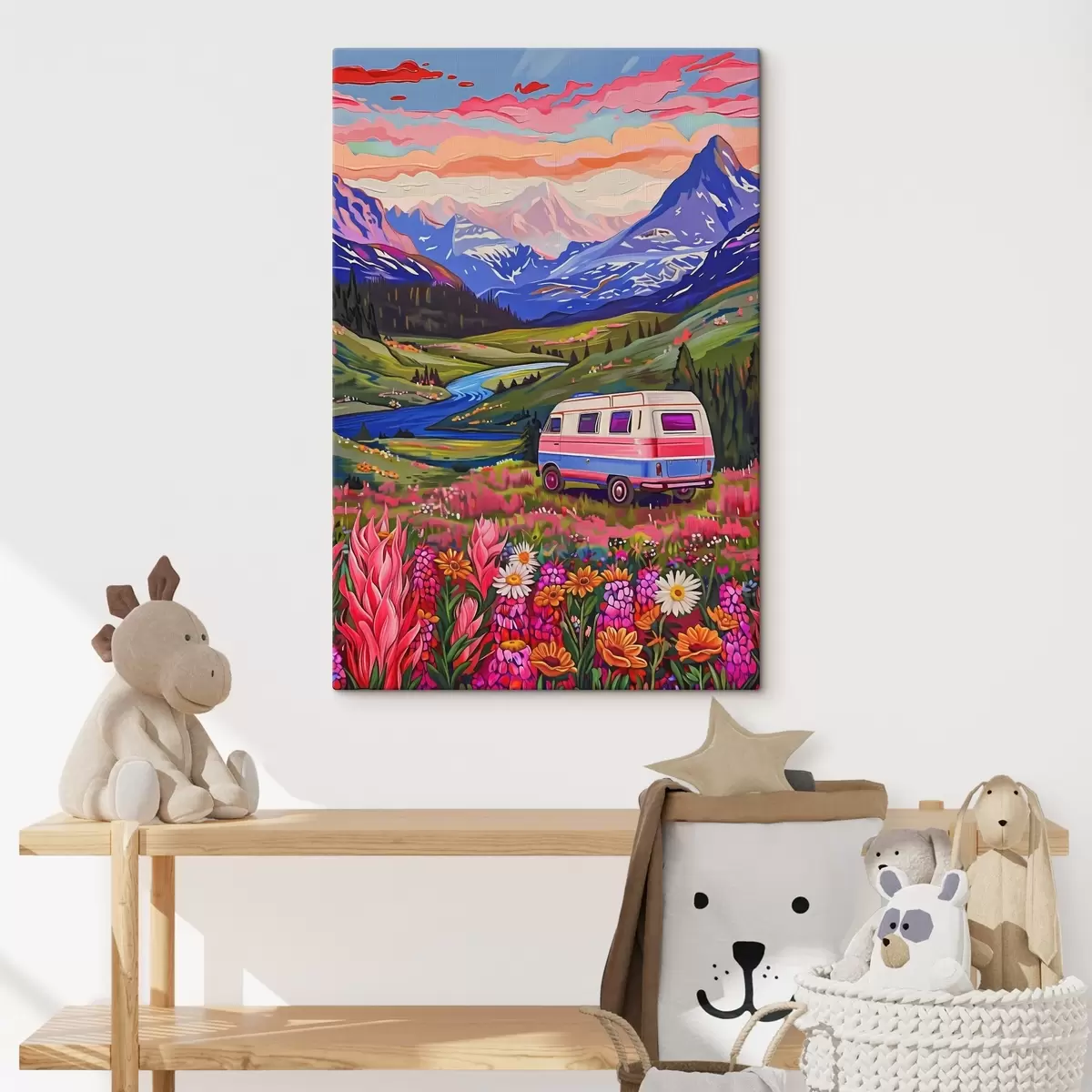 carta da parati Un furgone che attraversa una valle con fiori e montagne nr. s38259