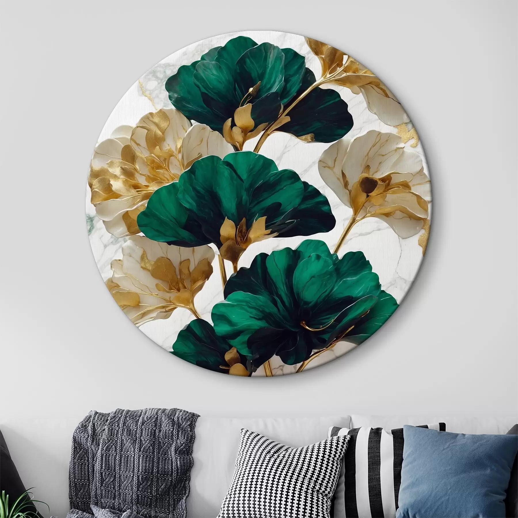 carta da parati Fiori verdi e bianchi su sfondo di marmo bianco nr. r36646