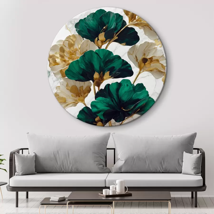 carta da parati Fiori verdi e bianchi su sfondo di marmo bianco nr. r36646