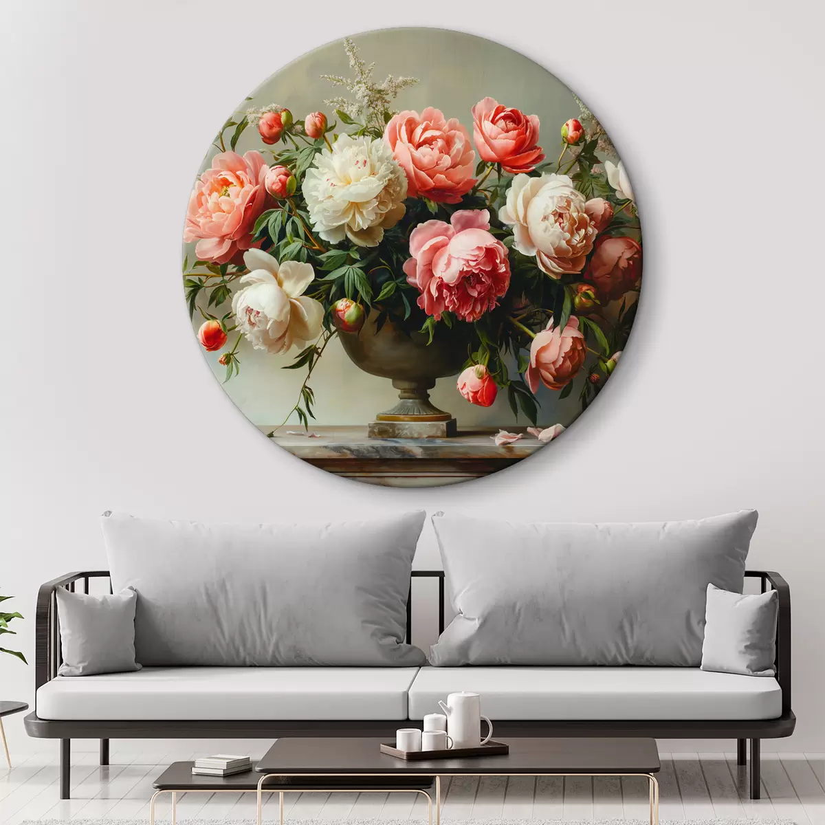 Quadri rotondi Un lussureggiante bouquet di peonie e un vaso nero r38460