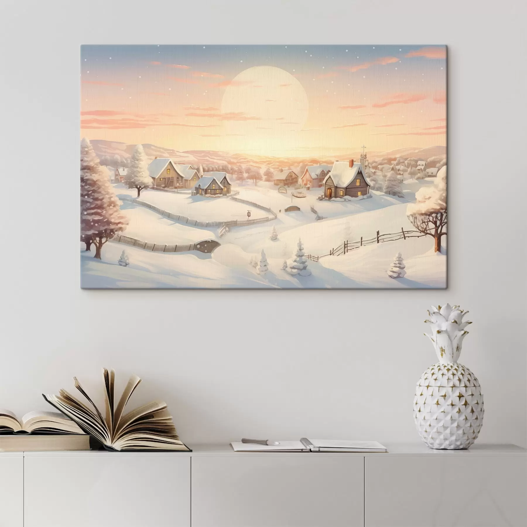 carta da parati Villaggio invernale al tramonto, case coperte di neve e pini nr. s41380