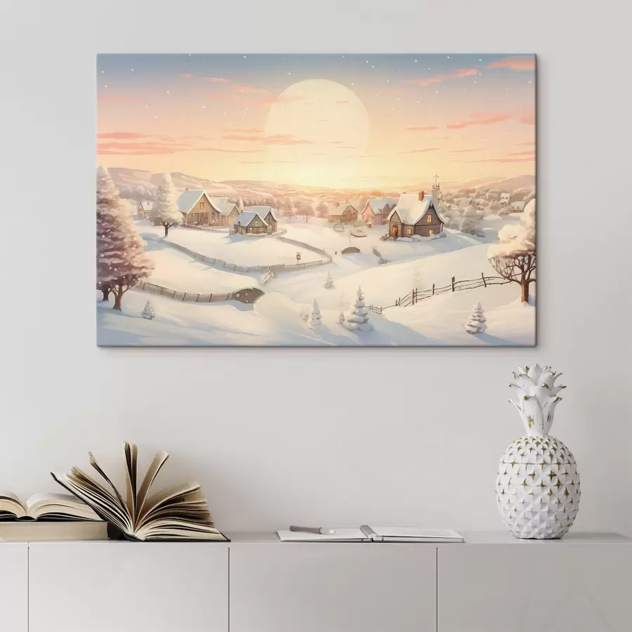 carta da parati Villaggio invernale al tramonto, case coperte di neve e pini nr. s41380