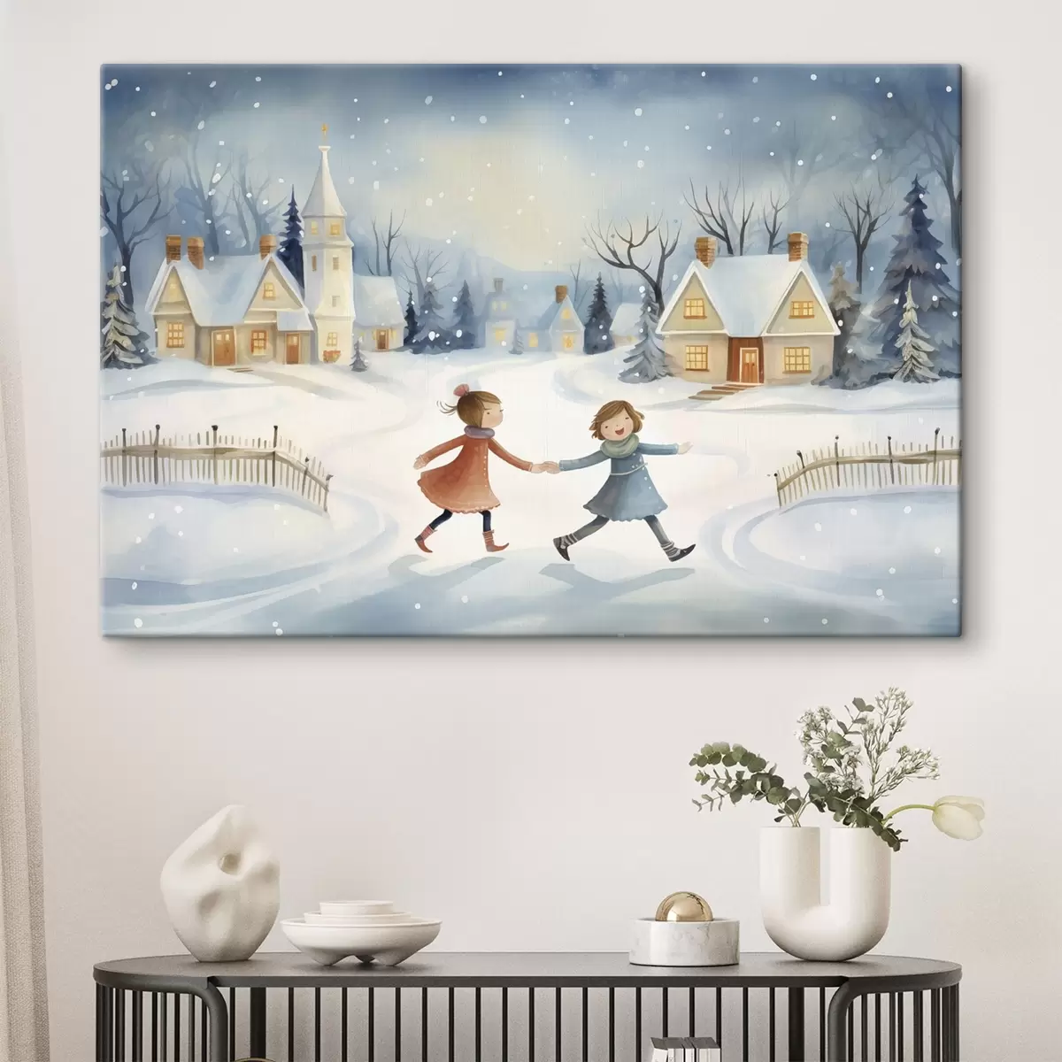 carta da parati Ragazze nel villaggio invernale, fiocchi di neve, acquerello, case, foresta nr. s41385
