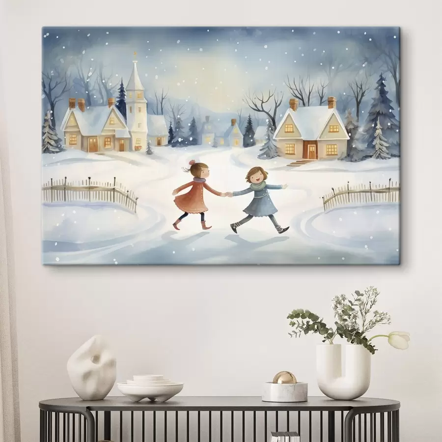 carta da parati Ragazze nel villaggio invernale, fiocchi di neve, acquerello, case, foresta nr. s41385