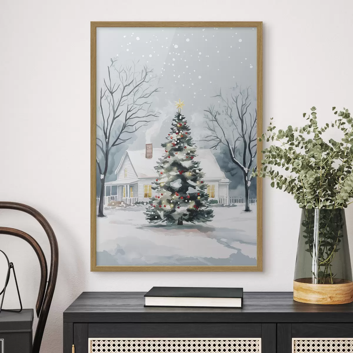 Poster Città invernale, pino decorato, Natale, acquerello f41364