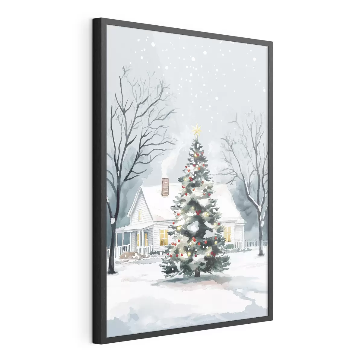Poster Città invernale, pino decorato, Natale, acquerello f41364