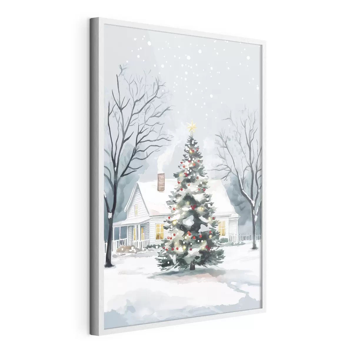 Poster Città invernale, pino decorato, Natale, acquerello f41364