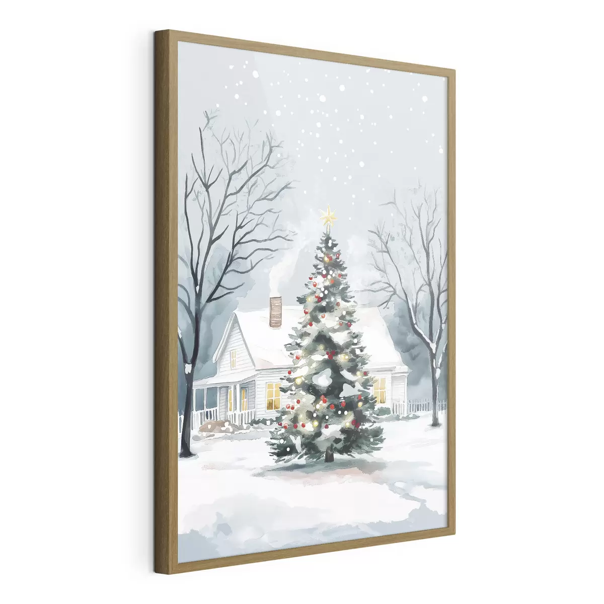 Poster Città invernale, pino decorato, Natale, acquerello f41364
