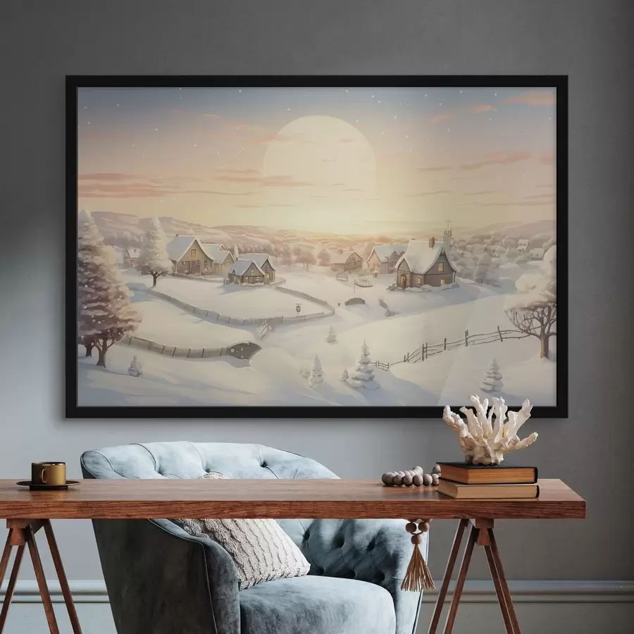 carta da parati Villaggio invernale al tramonto, case coperte di neve e pini nr. f41380