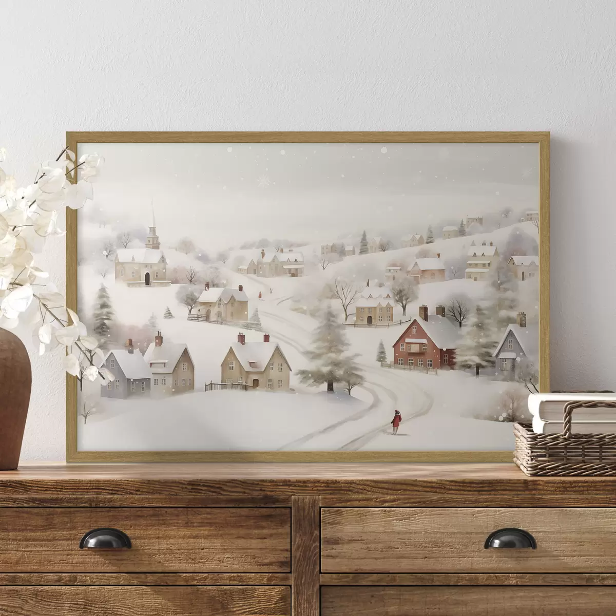 Poster Villaggio invernale, acquerello, fiocchi di neve, colori tenui, alberi, paesaggio f41381