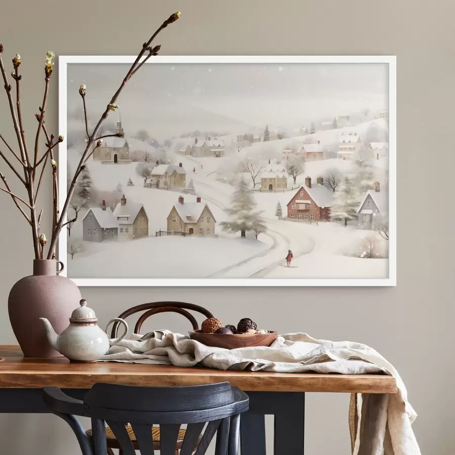 carta da parati Villaggio invernale, acquerello, fiocchi di neve, colori tenui, alberi, paesaggio nr. f41381