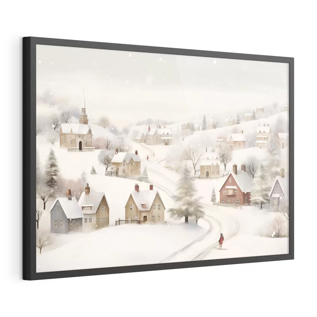Poster Villaggio invernale, acquerello, fiocchi di neve, colori tenui, alberi, paesaggio f41381