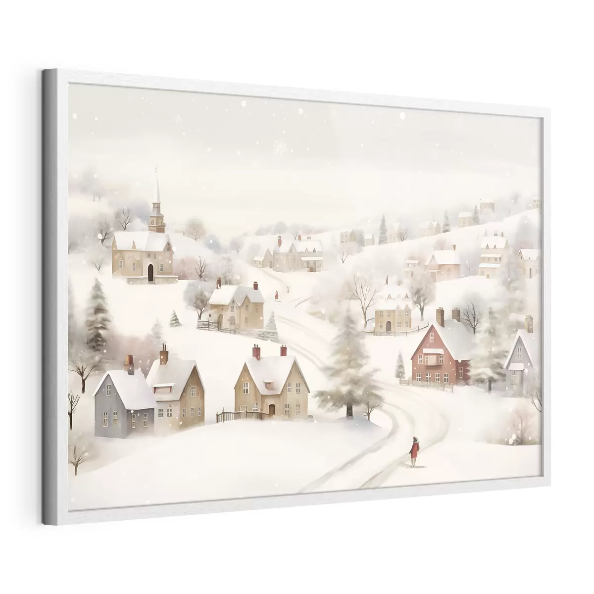 Poster Villaggio invernale, acquerello, fiocchi di neve, colori tenui, alberi, paesaggio f41381