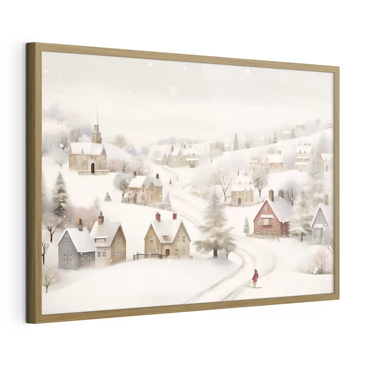 Poster Villaggio invernale, acquerello, fiocchi di neve, colori tenui, alberi, paesaggio f41381
