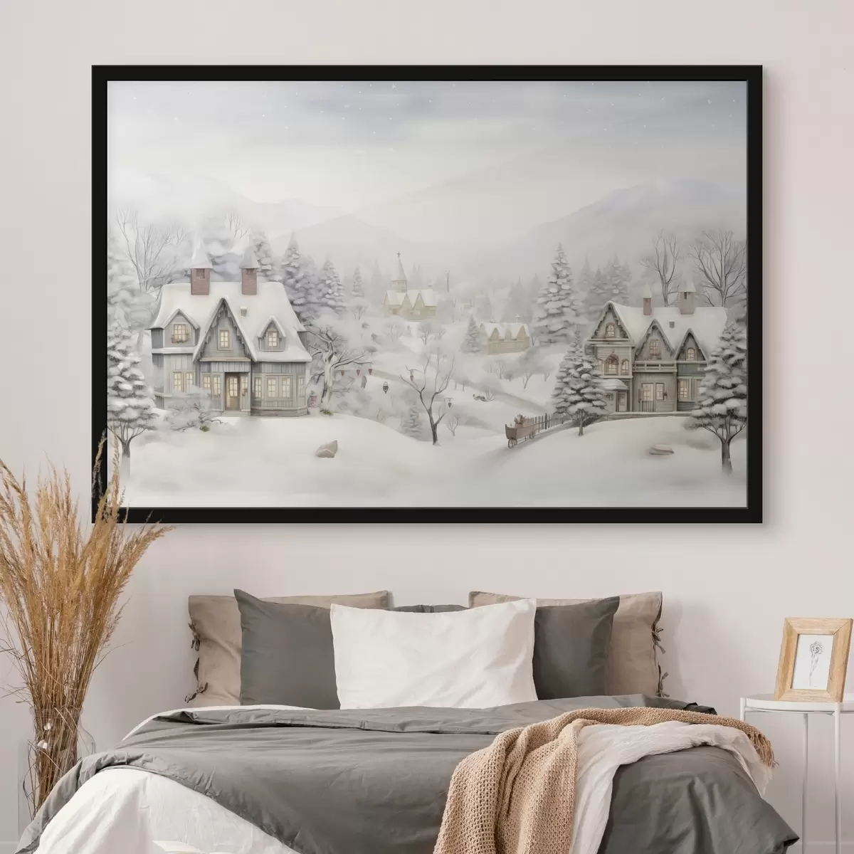 Poster Bellissimo paesaggio invernale con villaggio, pini, case e montagne f41384