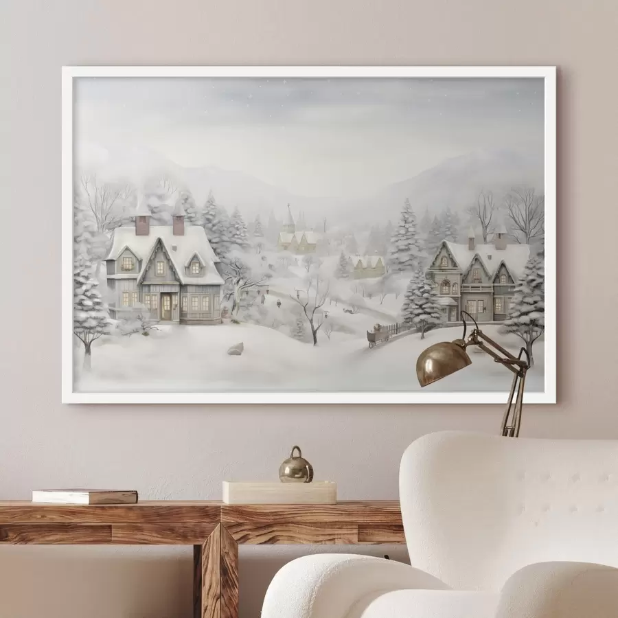 carta da parati Bellissimo paesaggio invernale con villaggio, pini, case e montagne nr. f41384