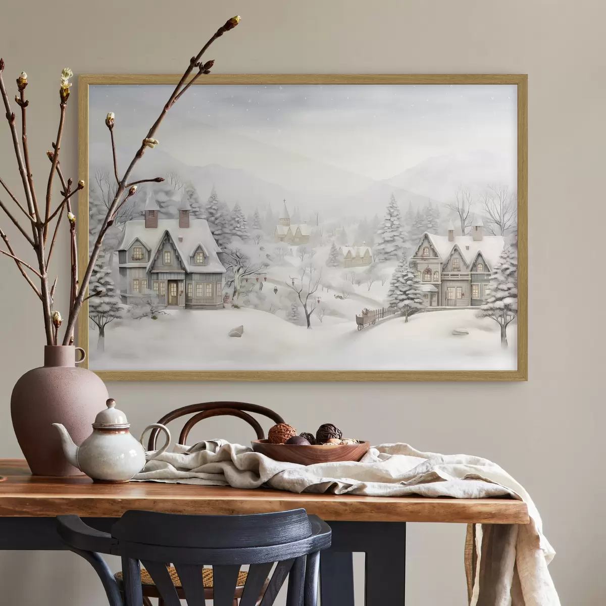 Poster Bellissimo paesaggio invernale con villaggio, pini, case e montagne f41384