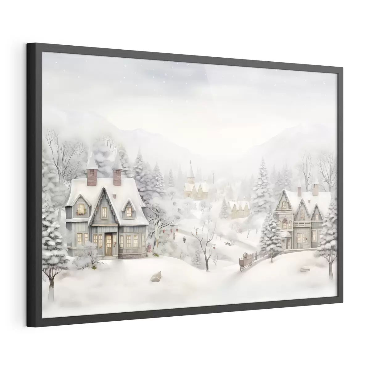 Poster Bellissimo paesaggio invernale con villaggio, pini, case e montagne f41384