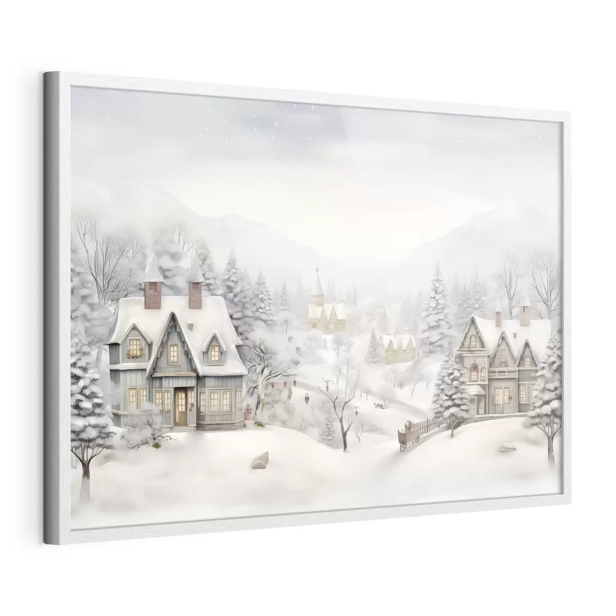 Poster Bellissimo paesaggio invernale con villaggio, pini, case e montagne f41384