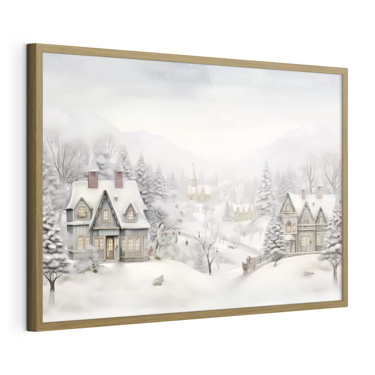 Poster Bellissimo paesaggio invernale con villaggio, pini, case e montagne f41384