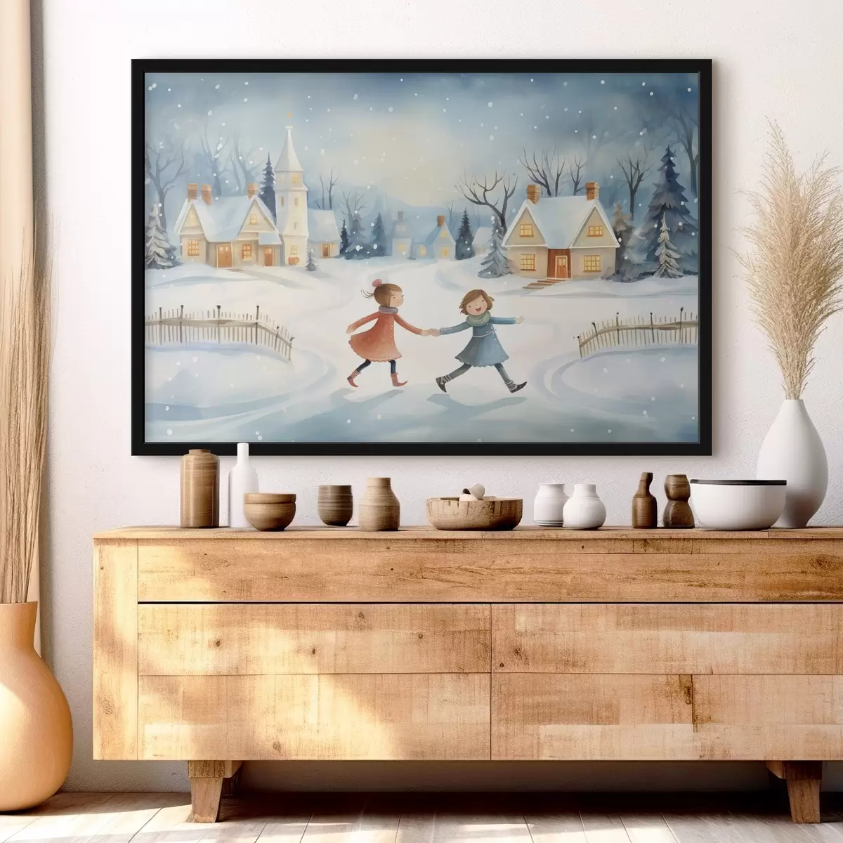 Poster Ragazze nel villaggio invernale, fiocchi di neve, acquerello, case, foresta f41385