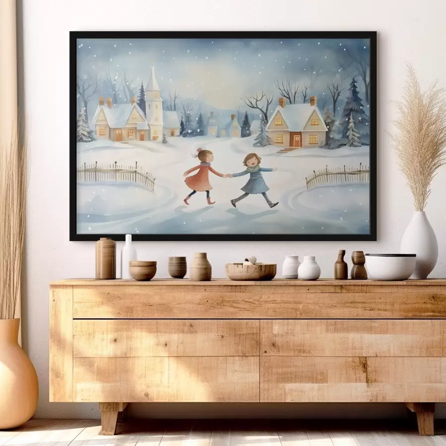 carta da parati Ragazze nel villaggio invernale, fiocchi di neve, acquerello, case, foresta nr. f41385