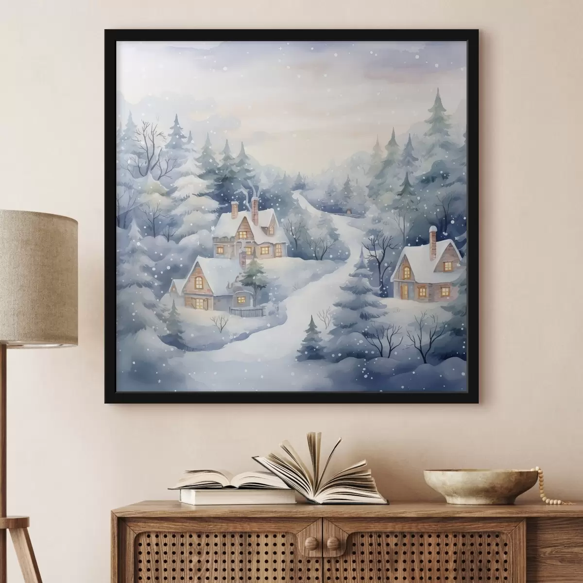 Poster Paesaggio invernale acquerellato, pineta, case f41387