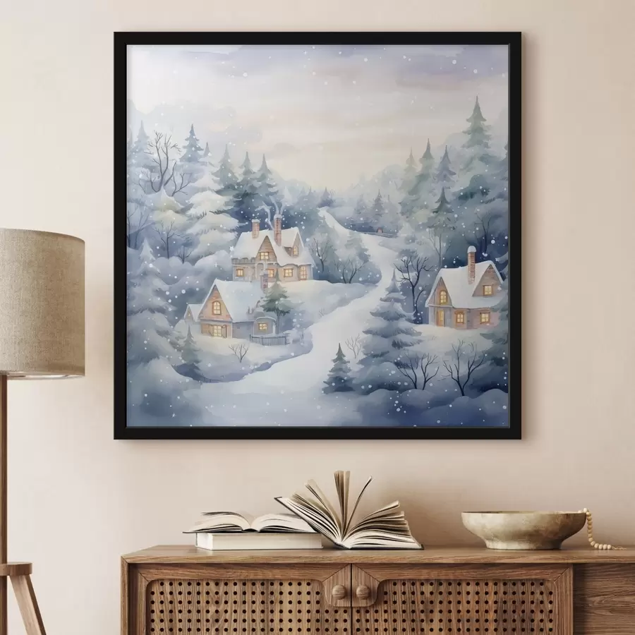 carta da parati Paesaggio invernale acquerellato, pineta, case nr. f41387