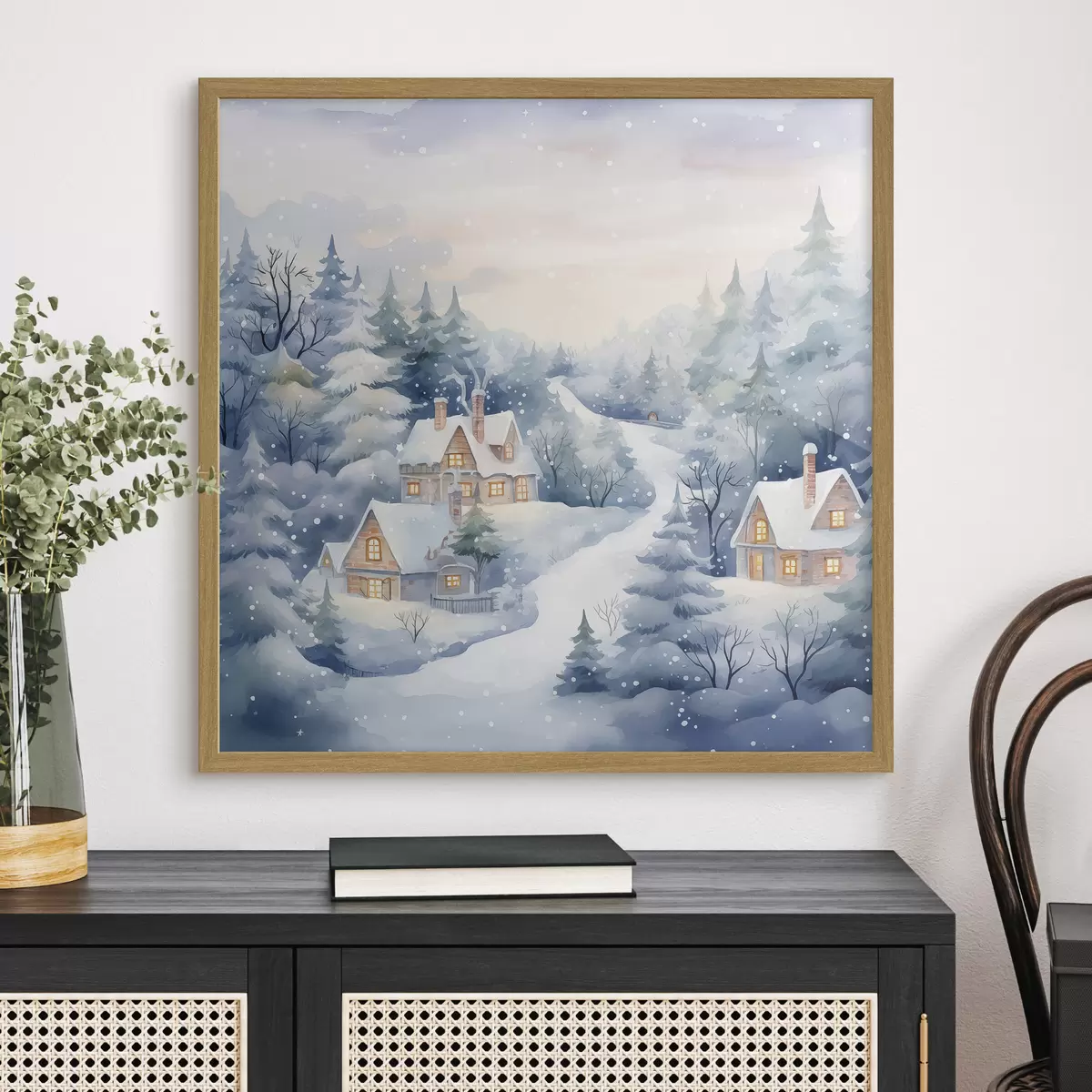 Poster Paesaggio invernale acquerellato, pineta, case f41387