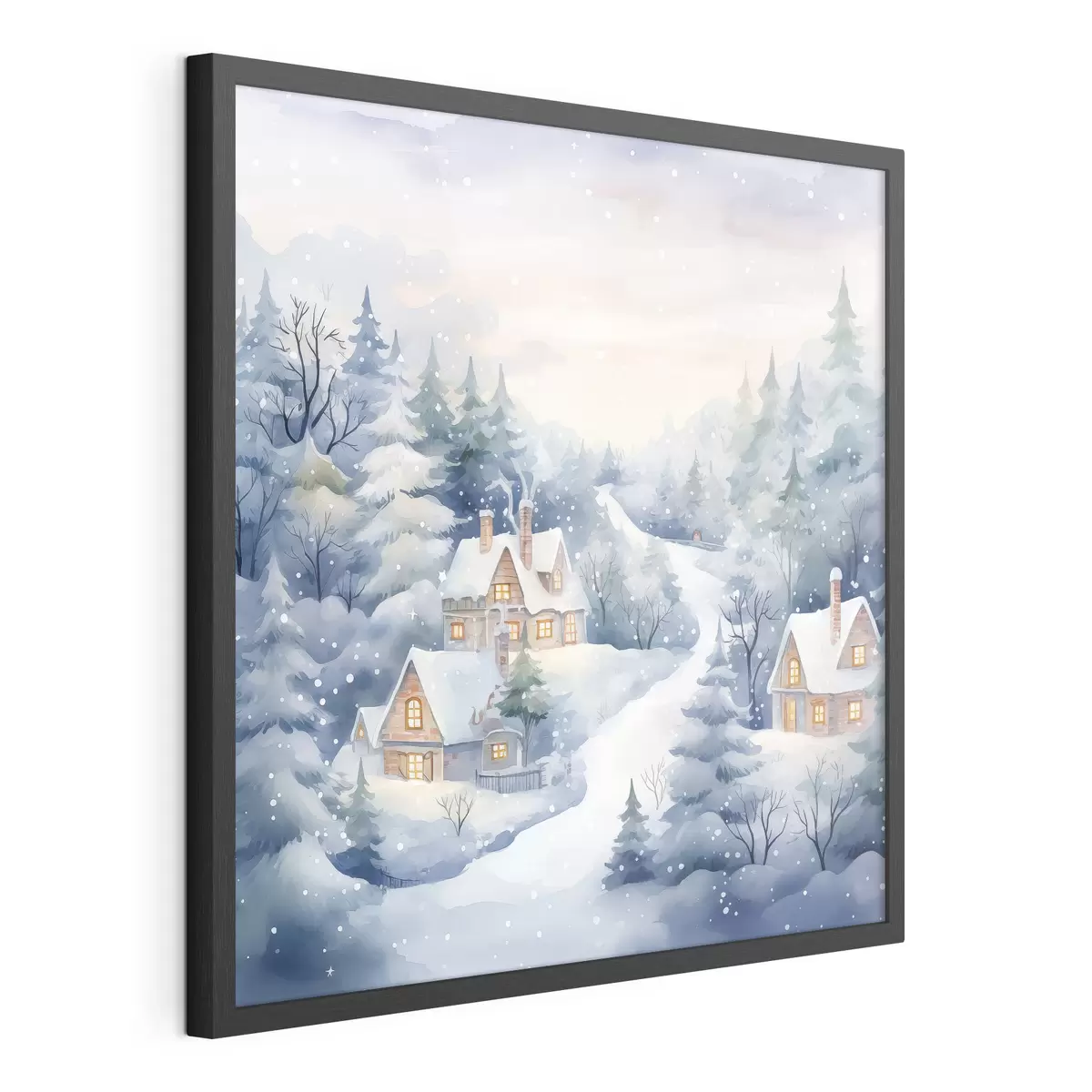 Poster Paesaggio invernale acquerellato, pineta, case f41387