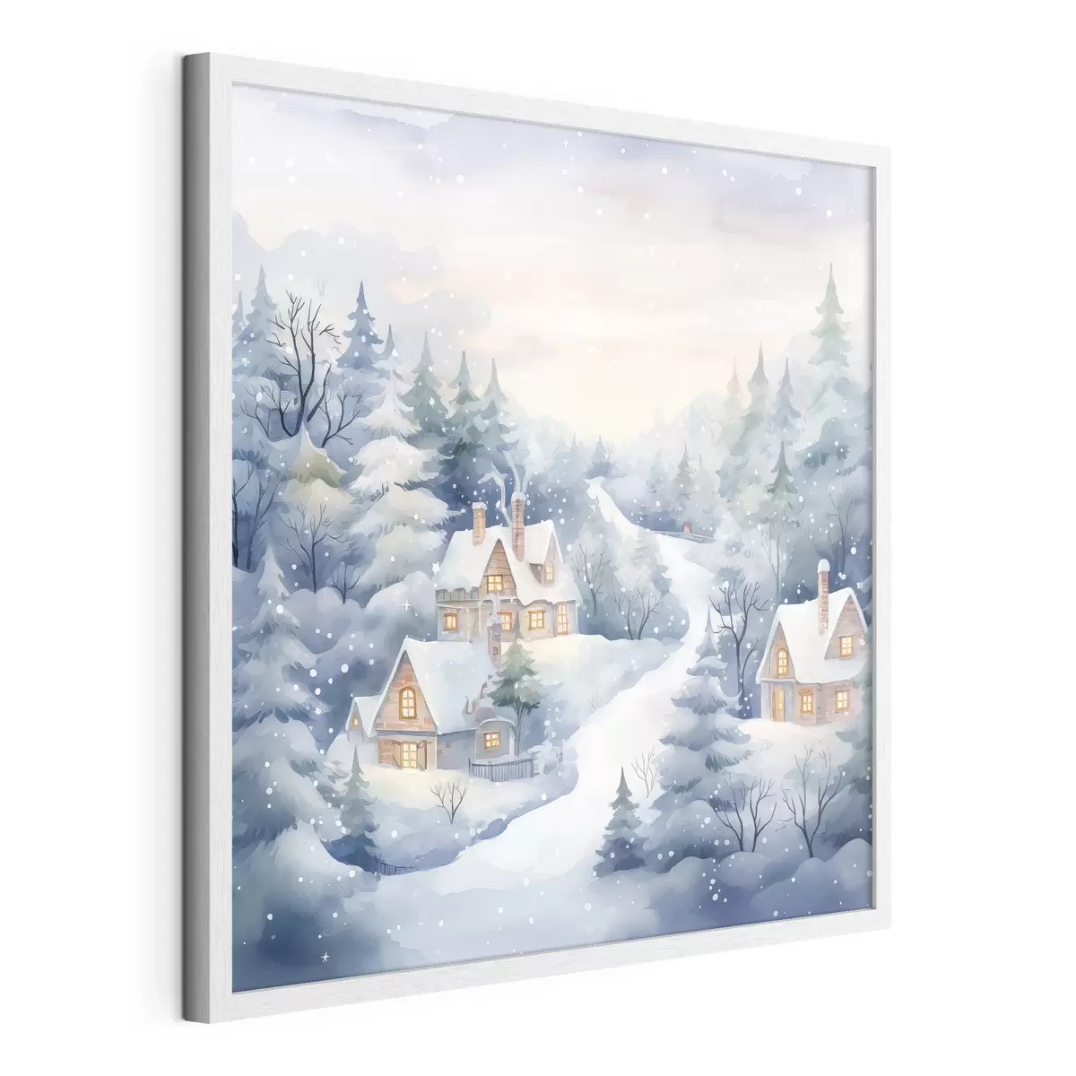 Poster Paesaggio invernale acquerellato, pineta, case f41387