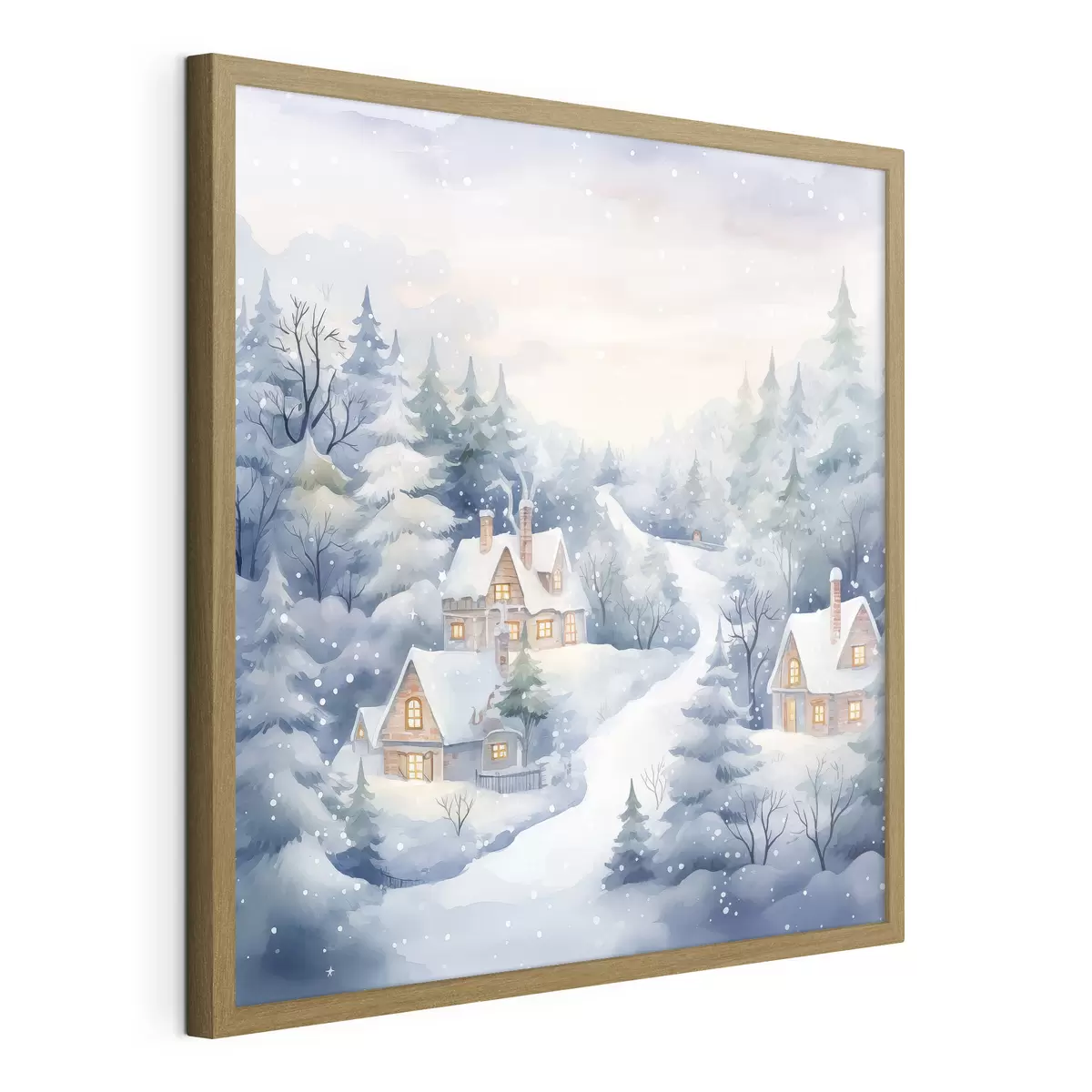 Poster Paesaggio invernale acquerellato, pineta, case f41387