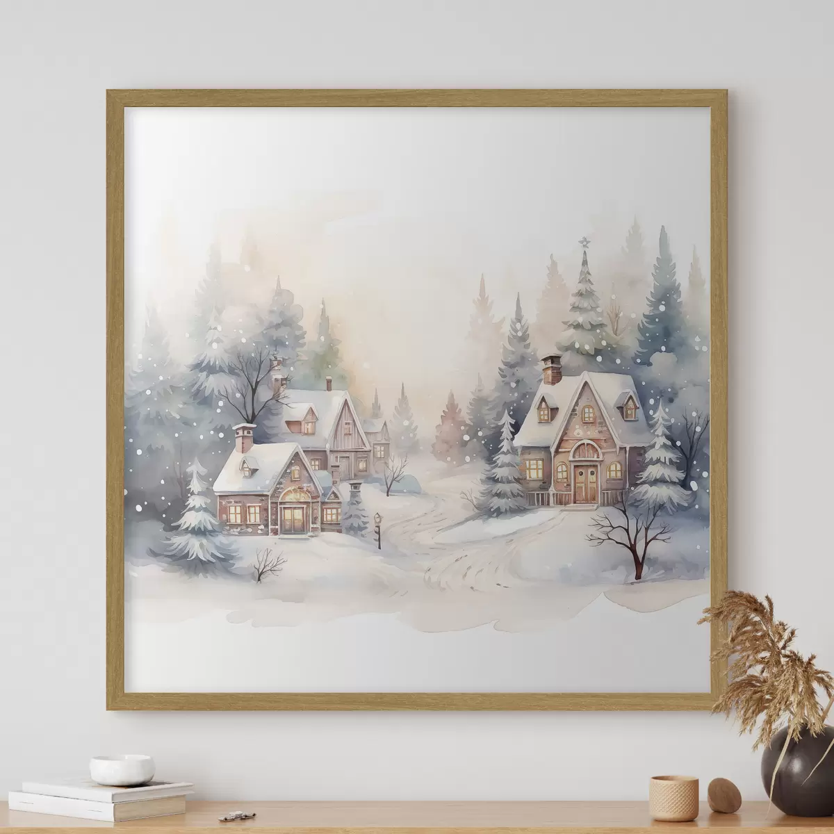 Poster Paesaggio invernale, pineta, belle case, acquerello, susnet f41390