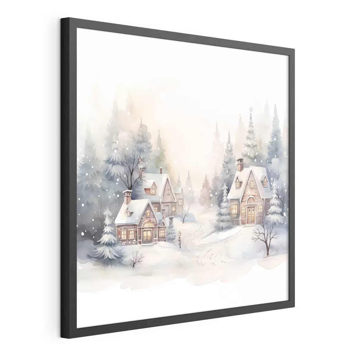 Poster Paesaggio invernale, pineta, belle case, acquerello, susnet f41390