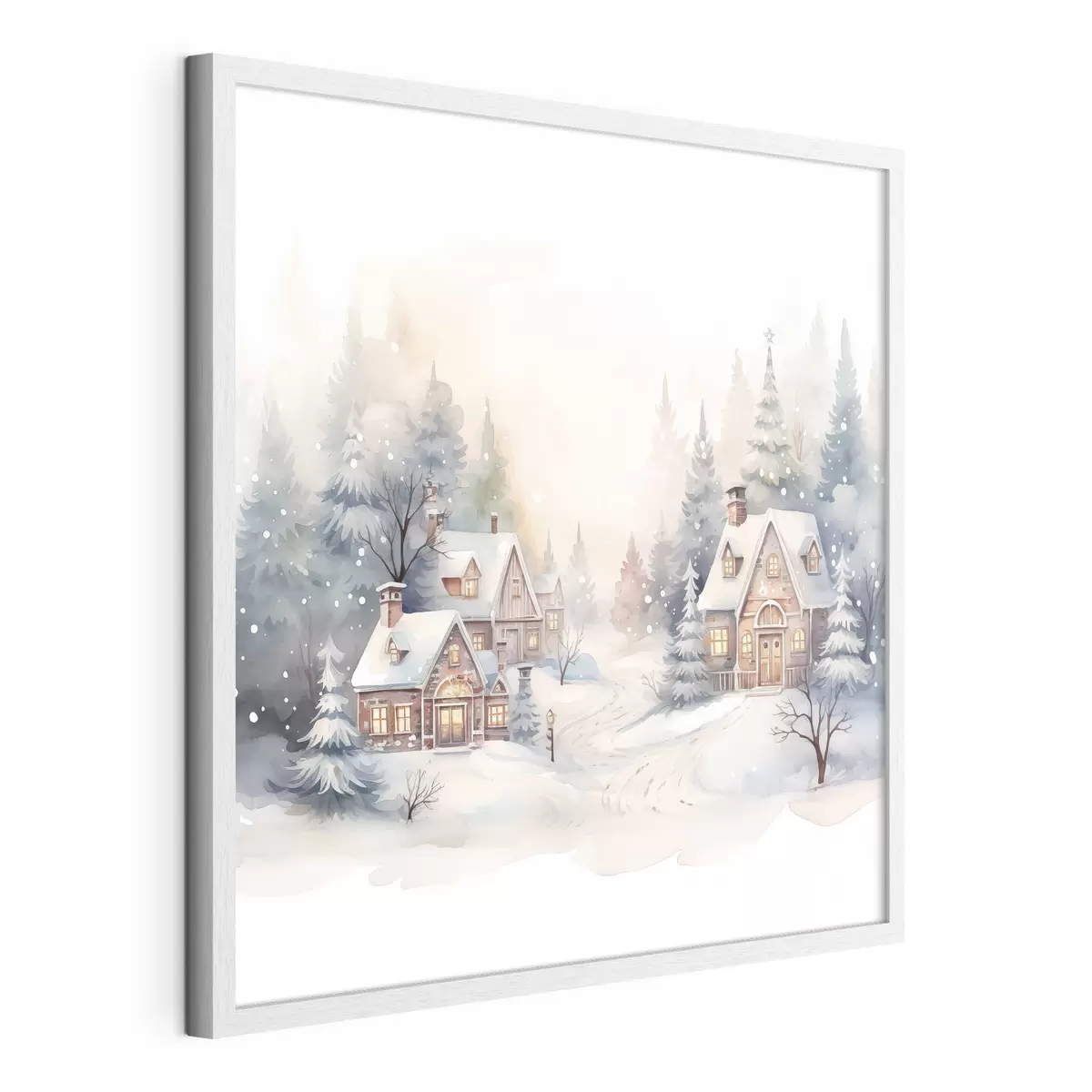 Poster Paesaggio invernale, pineta, belle case, acquerello, susnet f41390