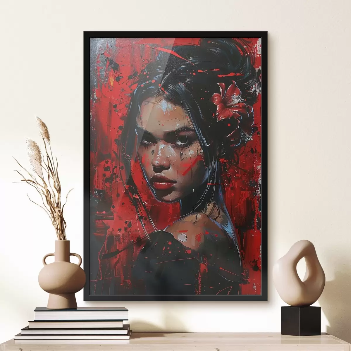 Poster Ragazza con colori su sfondo rosso f41413