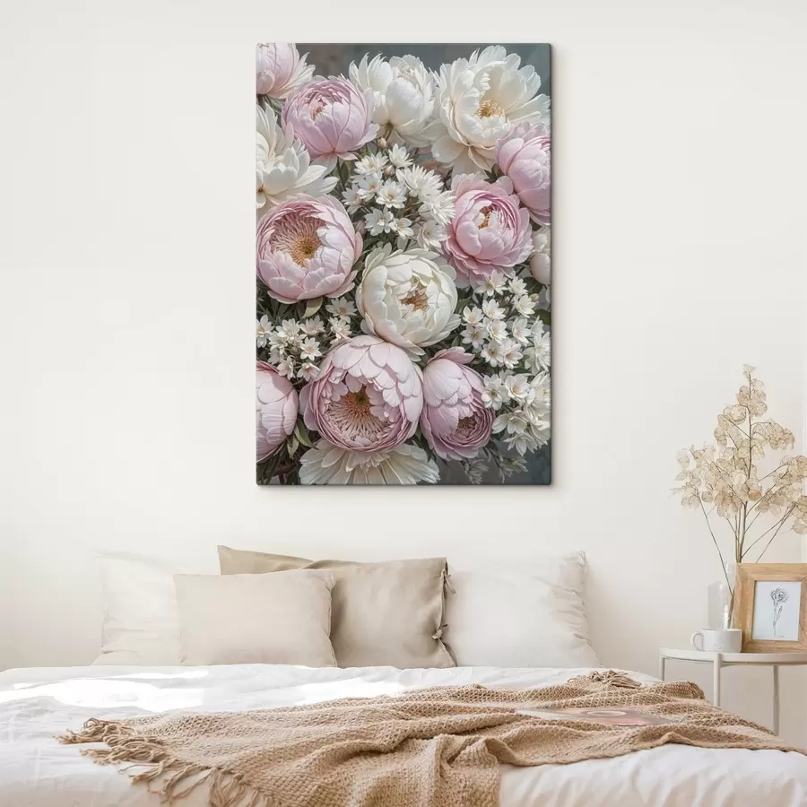 carta da parati Un bouquet di peonie rosa pastello e margherite bianche, disposte in una bella composizione floreale nr. s41255