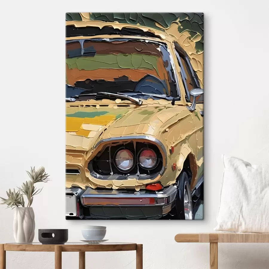 carta da parati Imitazione di pittura ad olio ad impasto di auto gialla su uno sfondo colorato e astratto  nr. s41261