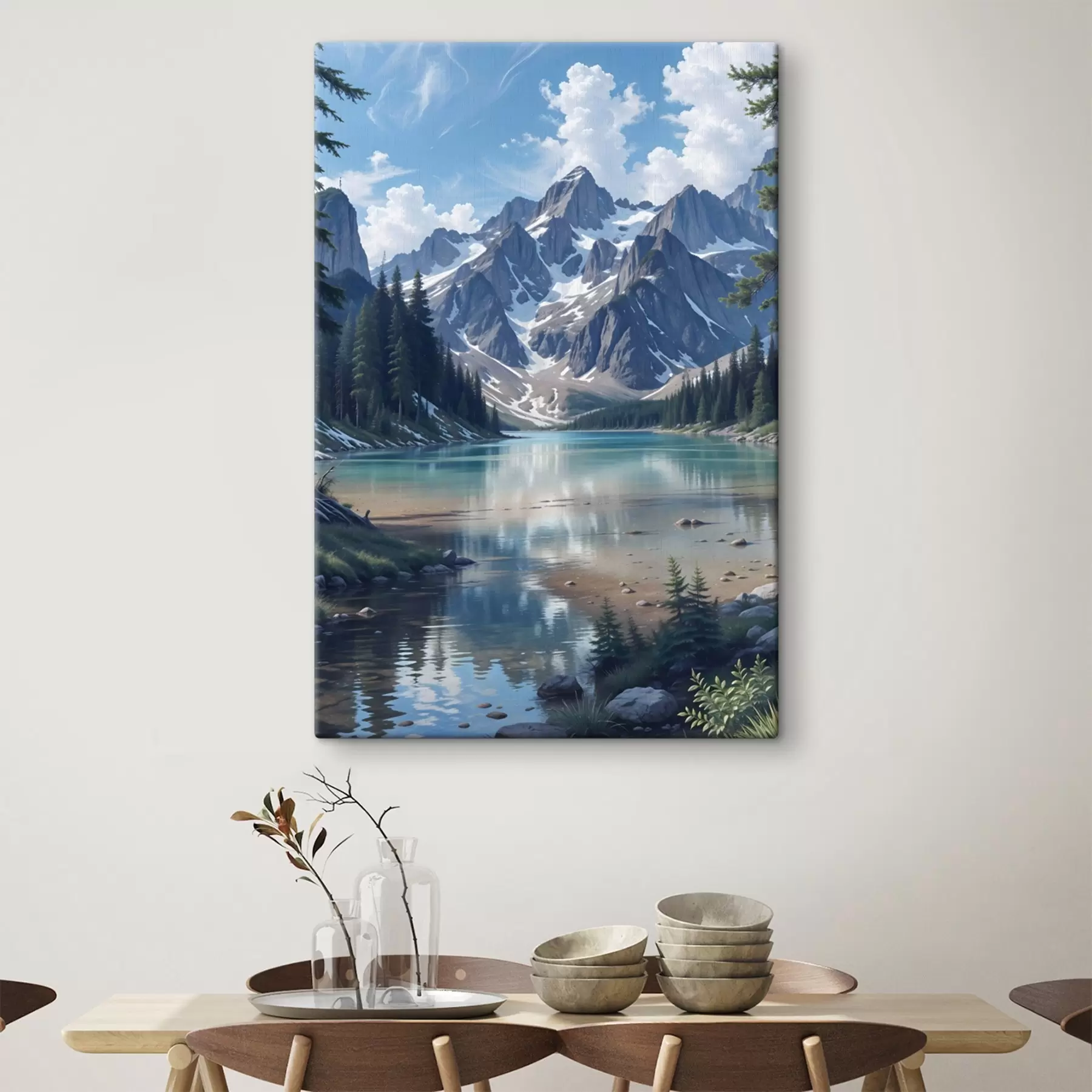 carta da parati Un lago alpino sereno, circondato da maestose montagne innevate, con una fitta foresta e un cielo nuvoloso  nr. s41264