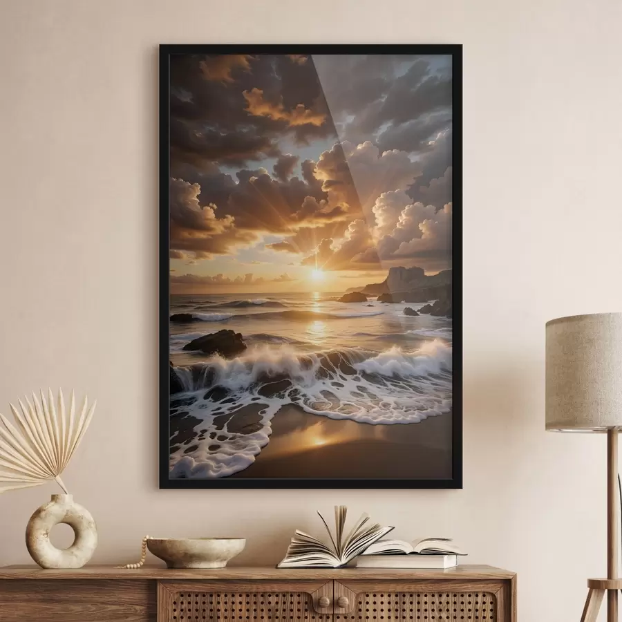 carta da parati Un tramonto drammatico su una costa rocciosa, con onde che si infrangono e nuvole drammatiche nel cielo nr. f41245