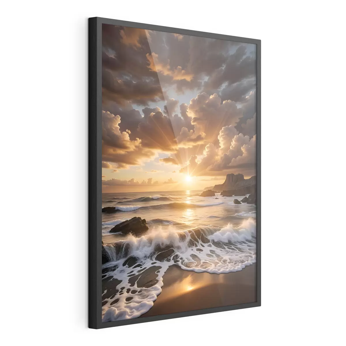 Poster Un tramonto drammatico su una costa rocciosa, con onde che si infrangono e nuvole drammatiche nel cielo f41245