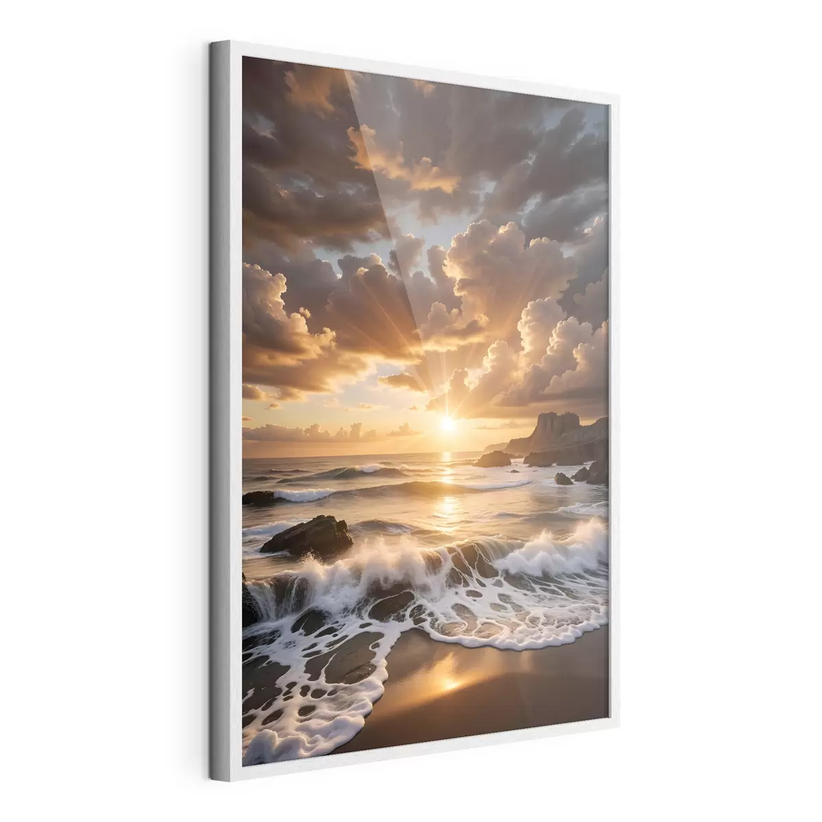 Poster Un tramonto drammatico su una costa rocciosa, con onde che si infrangono e nuvole drammatiche nel cielo f41245