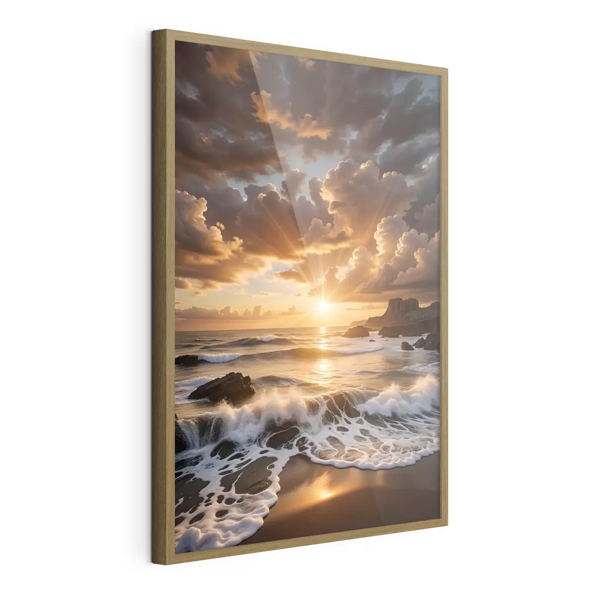 Poster Un tramonto drammatico su una costa rocciosa, con onde che si infrangono e nuvole drammatiche nel cielo f41245