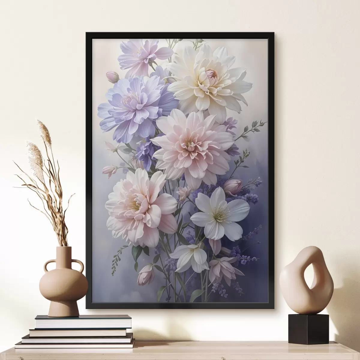 Poster Un bouquet di grandi e vivaci fiori di dalia nei toni del rosa, della lavanda e del bianco su uno sfondo morbido e sfocato f41247