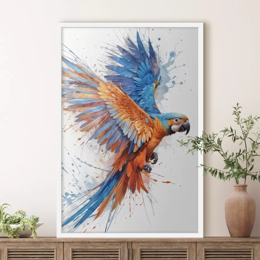 carta da parati Pappagallo colorato con piume blu, arancioni e gialle in volo su uno sfondo schizzato nr. f41250