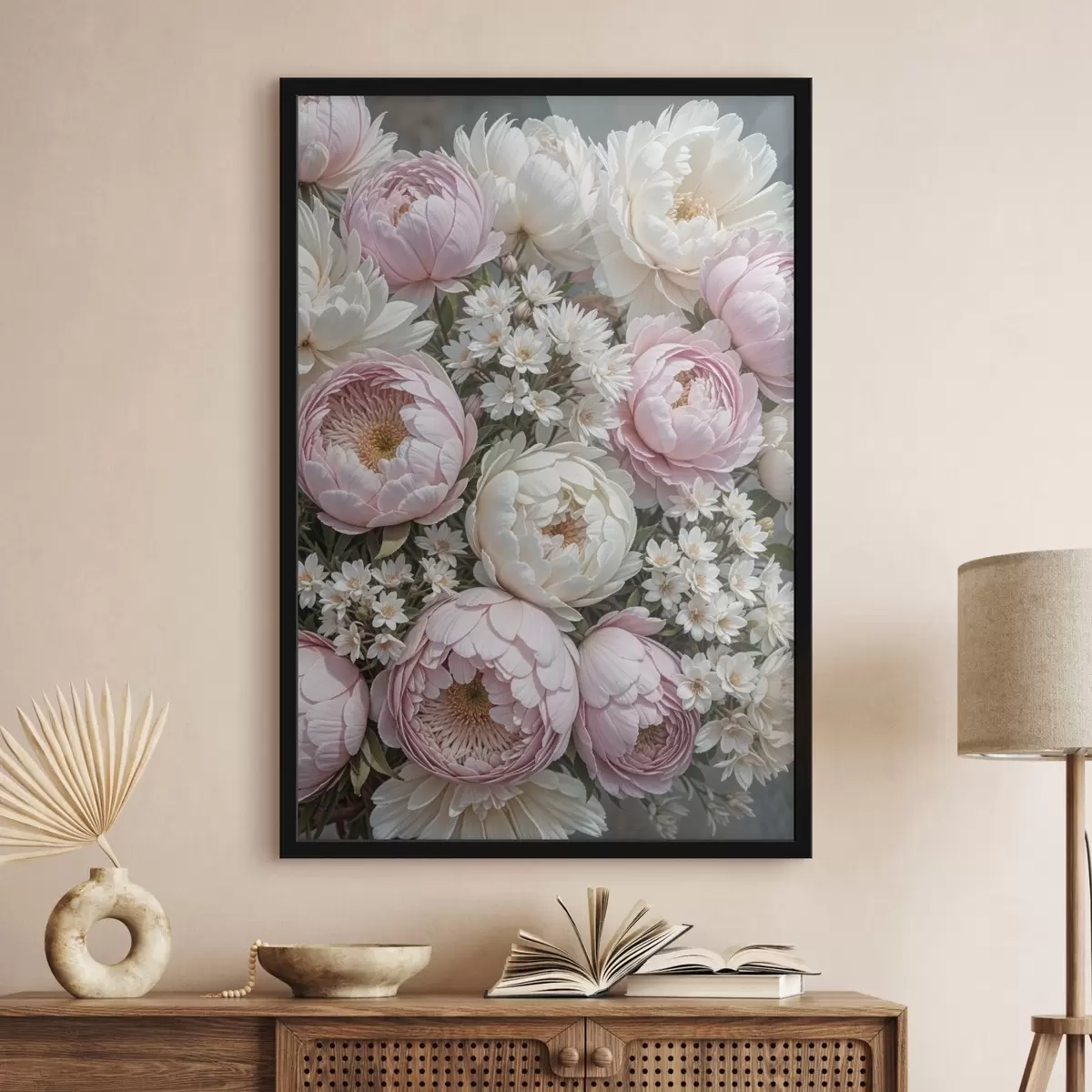 Poster Un bouquet di peonie rosa pastello e margherite bianche, disposte in una bella composizione floreale f41255