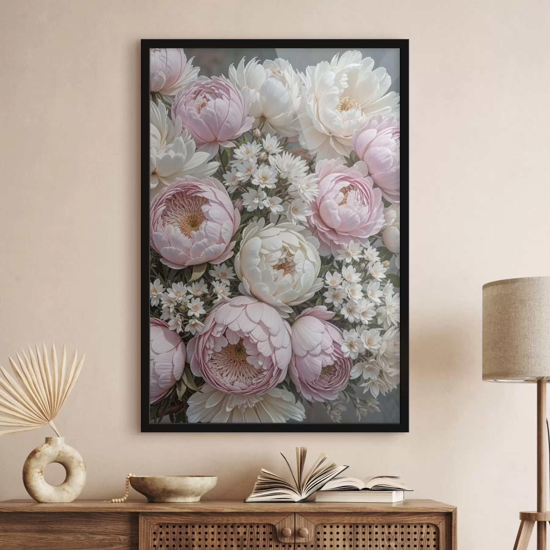 carta da parati Un bouquet di peonie rosa pastello e margherite bianche, disposte in una bella composizione floreale nr. f41255