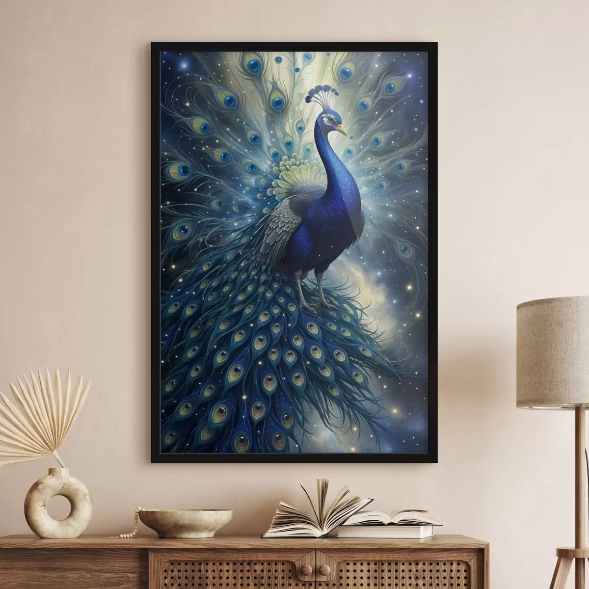 Poster Un vibrante e maestoso pavone contro un cielo notturno stellato, che crea un'atmosfera magica ed eterea f41256